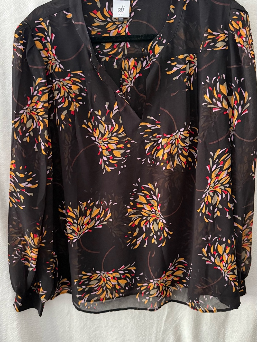 CAbi Black Sheer Floral V-Neck Blouse with Yellow and Pink Accents